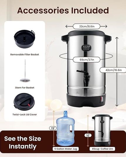 Commercial Coffee Maker 45-Cup Large Coffee Urn with Percolator Coffee Pot Electric 6.9L Stainless Steel Fast Brew Hot Water Dispenser for Tea Catering Events Home Office Easy Cleaning