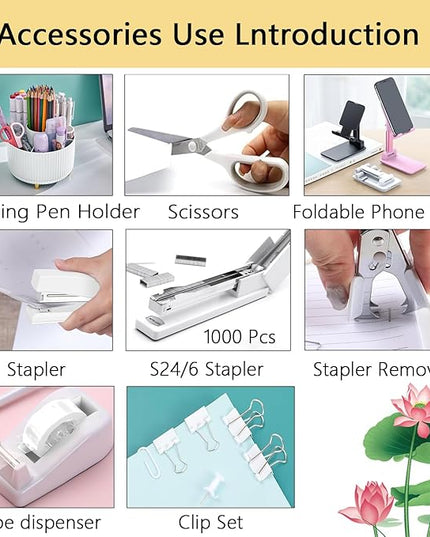Office Supplies,Desk Accessories,with Stapler, Tape Dispenser,Desk Organizer,Folding Phone Holder,Pen,Journal Notebook,Scissor,Staple Remover,Staples,Clear Tape,Sticky Notes,Paper Clips,Bookmark,Ect