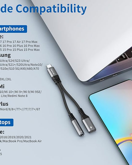 USB C to 3.5mm Headphone and Charger Adapter, 2-in-1 Type C to Aux Jack Cable with PD 60W Fast Charging for iPhone15 16 17 Pro Max, Samsung Galaxy S22 S23 S24 S25 Ultra, Note 20, iPad Air4, Pixel 8 9