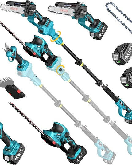 SEESII Cordless Pole Chainsaw, Hedge Trimmer, Pruning Shears, 4000mAh Battery Powered Extendable Garden Tool Kit for Outdoor Use, Electric Long Reach Saw, Hedge and Grass Trimmer, Pruner for Yard Care