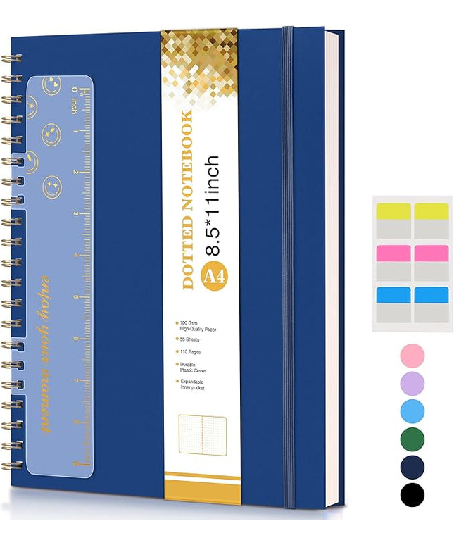 Dotted Notebook, Spiral Notebook Journal 8.5” x 11”, A4 Large Dot Grid Notebooks for Women Men, 100 GSM Dotted Paper, Plastic Hardcover Spiral Bullet Journals for Work School Sketching, Navy