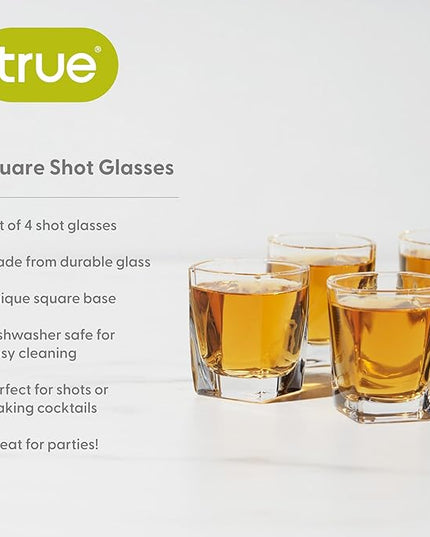 True Square Shot Glasses, Reusable Shot glasses, Perfect For Whiskey, Vodka, And Tequila, Party Shot Cups, Set Of 4, 1.5 oz.