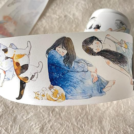 DingDing Vol9-32 My Pet Baby,Pre-Cut Washi Paper PET Tape Stickers,Original Design Vintage Girls&Cute Pets Playing,for Scrapbook Supplies,Scrapbook Tape, Journaling Stickers,Bullet Journals