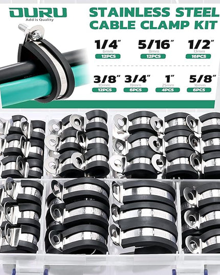 OURU 68PCS Cable Clamps Assortment Kit,7 Sizes Stainless Steel Rubber Coated Cushioned Insulated Cable Clamps-Metal Wire Clamps,Pipe Clamps for Tube,Lines