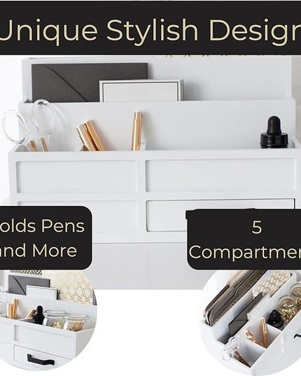 BLU MONACO | White Desktop Organizer with Drawer Storage | Tabletop Organizer with Drawers for Paper Bills Mail | Wooden Mail Organizer for Countertop Workspace | with Drawer, Bill