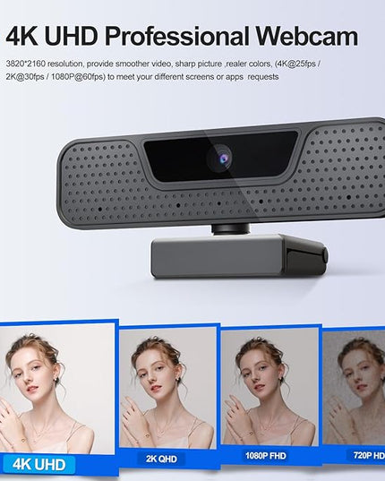 4K Auto Focus Webcam for PC, 4 AI Noise-Canceling Mics UHD Web cam, Auto Light Correction, 85°FOV Computer Web Camera, USB C Plug&Play Webcam with Tripod & Privacy Cover Works w/Zoom/Skype/Google