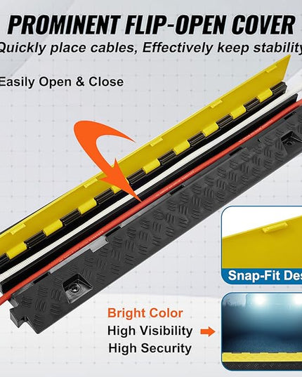 VEVOR Cable Protector Ramp, 2 Channel, 22000 lbs/axle Capacity Heavy Duty TPU Wire Cord Cover Ramp Hose Protector Driveway, Traffic Speed Bump w/TPR Flip-Open Top Cover, for Indoor & Outdoor