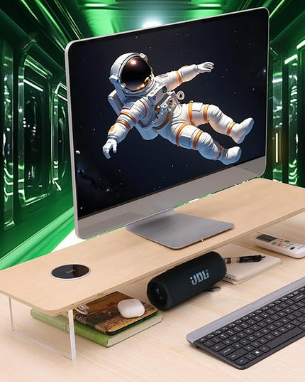 SUIBIAN White Monitor Stand Riser with Wireless Charging 31.5Inch Large, Computer Monitor Stand,Wooden Desktop Organizer Shelf for Office Desk Computer,Laptop,TV (White Oak)