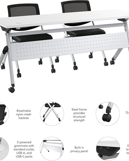 Bush Business Furniture Folding Training Table Set for 2, 72 inch Desk with Powered Grommets and 2 Chairs, Commercial-Grade Bundle for Office or Classroom, Envision Collection, White