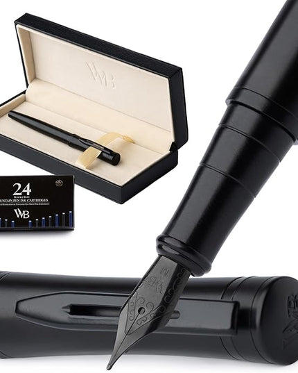 Wordsworth & Black Fountain Pen Set, Medium Nib, Includes 24 Pack Ink Cartridges, Ink Refill Converter & Gift Box, Calligraphy, [All Black], Perfect for Men & Women