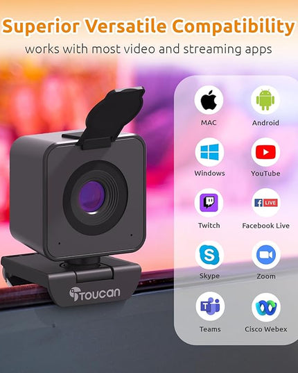 TOUCAN 1080P HD Webcam with Built-in Noise-Cancelling Mic & Privacy Shutter – Wide 90° Angle, Plug & Play USB Video Camera for Video Calls, Streaming, Home Office & Online Classes