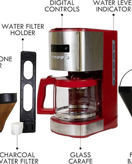 Kenmore Drip Coffee Maker - 12 Cup Programmable Cafe Machine With Glass Pot, Regular & Bold Brew, Auto Shut Off Large Water Reservoir, Reusable Filter, Kitchen Appliances For Cafeteria Barista, Red