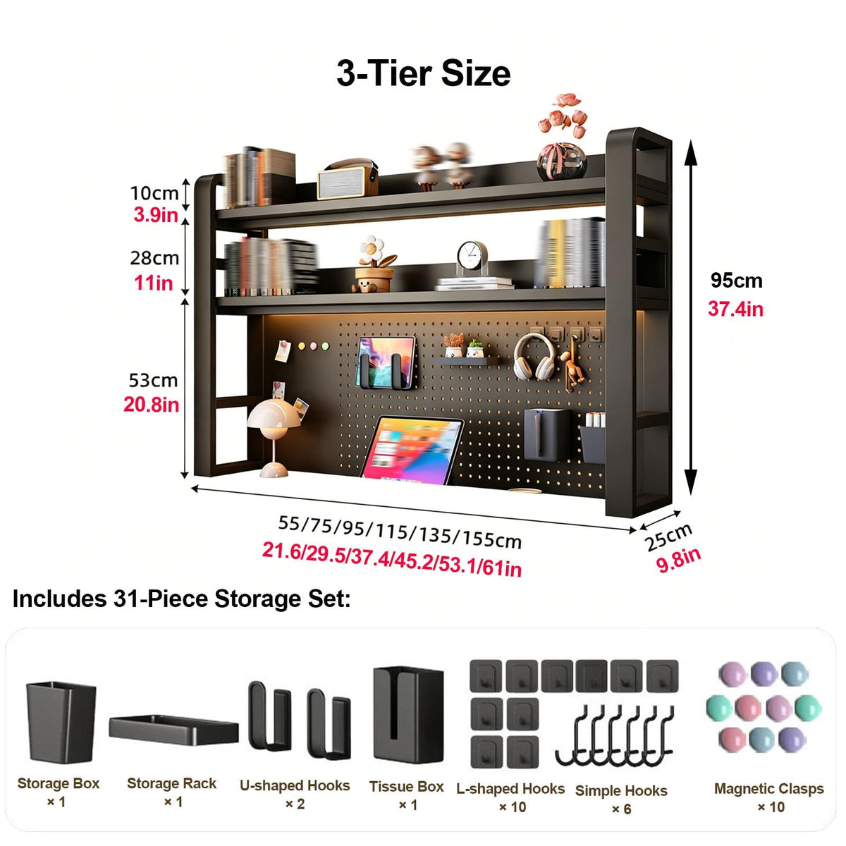 TRCBADOWKC 2/3/4 Tier Desktop Bookshelf with Pegboard and Storage Parts, Metal Desktop Organizer Hutch, Desk Shelves for Top of Desk, Shelf Organizer Display Rack for Dorm Home(White,3-Tier L21.6in)