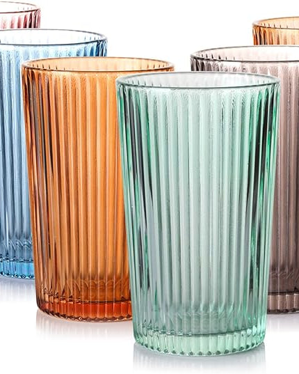 Drinking Glasses, Colored Highball Glasses Set of 6, Ribbed Glassware Glass Cups, Water Glasses for Beer, Iced Coffee Cups, Cocktail Glasses - Christmas Gifts -12 oz