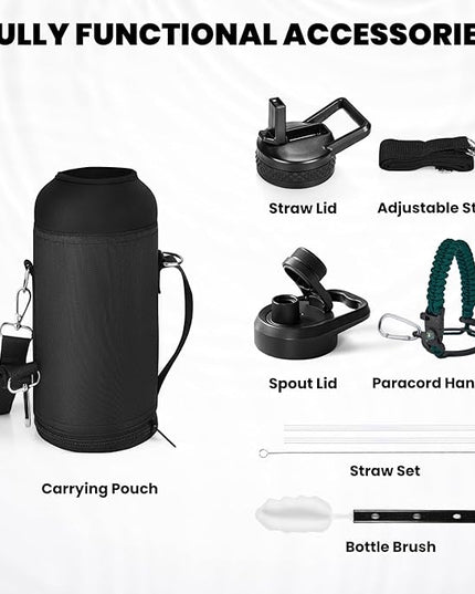 Insulated Water Bottle 32 oz, Triple Wall Vacuum Stainless Steel (Cold for 48 Hrs), Leak Proof & Non-BPA, Modern Water Flask Jug with Paracord Handle & Straw Spout Lids, Dark Green