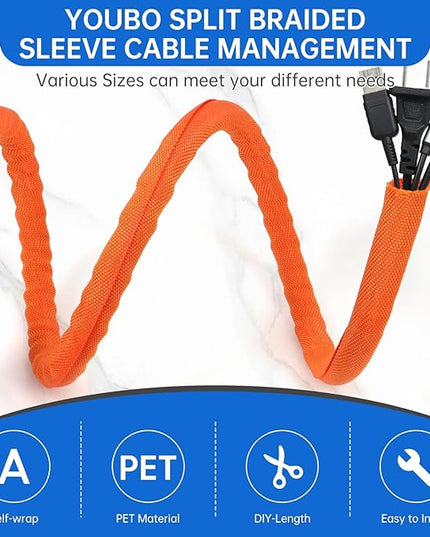 YOUBO Split Braided Cable Sleeve，Flexible Wire Loom Tubing, Automotive Cord Protector Pet Proof, Cable Management for Computer TV Electric Wires Harness 16ft (Orange, 30mm（1-3/16")