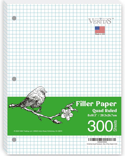 WritePads Graph Paper Loose Leaf Paper, Standard 8"x10-1/2" 4x4 Quad Ruled Notebook Paper,3 Hole Punched Filler Paper, 3 Ring Binder Paper, 300 Sheets Grid Paper, Made In USA
