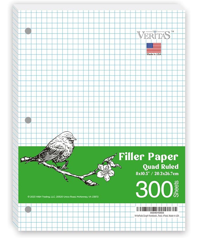 WritePads Graph Paper Loose Leaf Paper, Standard 8"x10-1/2" 4x4 Quad Ruled Notebook Paper,3 Hole Punched Filler Paper, 3 Ring Binder Paper, 300 Sheets Grid Paper, Made In USA