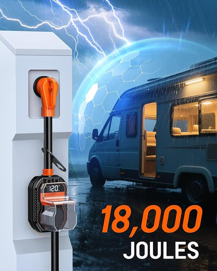 18,000J RV Surge Protector 50 Amp with LED Display, 50 Amp Surge Protector for RV with Voltage Monitoring, Clear Error Codes, Comprehensive Detection, IP68 Waterproof