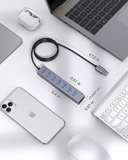 FORIDA Aluminum Alloy 8 Port USB Hub Long Cable USB Splitter with 7-USB3.0 Data Ports and TypeC 5V/3A Power Port Compatible with MacBook, Laptop,Surface Pro, PS5, PC and More (Gray, USB A-47in)