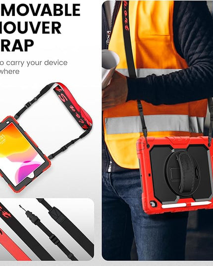 Timecity Case for iPad 9th/ 8th/ 7th Generation 10.2 inch - Heavy Duty Protective Cover with Screen Protector, Rotating Stand, Shoulder Strap & Pencil Holder | Kids-Friendly (Red)