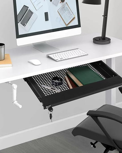 LEYSRIS 17.72" Lx1.8 H Under Desk Storage Drawer with Holes, Locking Design Black Sliding Pull-Out Drawer for Sit Stand Workstation