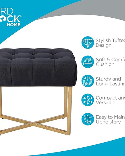 BIRDROCK HOME Rectangular Tufted Foot Stool Ottoman with Soft Padded Cushion - Versatile Vanity Chair for Bedroom, Living Room, Bathroom - Compact Seating for Adults - Black with Pale Gold Metal Legs