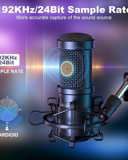 Aokeo USB Condenser Microphone, 192kHZ/24bit Professional PC Streaming Podcast Cardioid Microphone Kit with Boom Arm, Shock Mount, Pop Filter, for Recording, Gaming, YouTube,Meeting, Discord