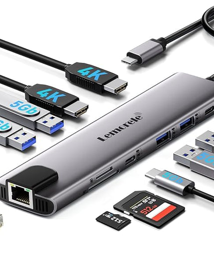 Aluminum Docking Station USB-C Hub with 2 HDMI, Gigabit Ethernet, 4 USB A, USB-C 3.0, PD 100W, SD/TF, 1000Mbps RJ45 LAN Dock Adapter for MacBook Docking Station Laptop, Supports 2 Monitor