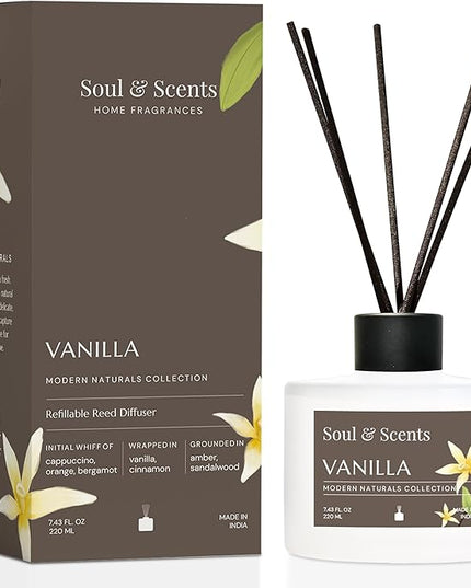 Soul & Scents Reed Diffuser Set – Vanilla | 7.43 oz Refillable Scented Oil with 6 Fiber Sticks | Long-Lasting Home Fragrance & Air Freshener for Bedroom, Bathroom, Office | Gift & Décor Piece