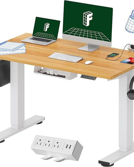 FLEXISPOT EN2 Whole-Piece Standing Desk with Clamp Power Strip, 48 x 24 Electric Height Adjustable Desk with Cable Management (White Frame + 48" Maple Top)