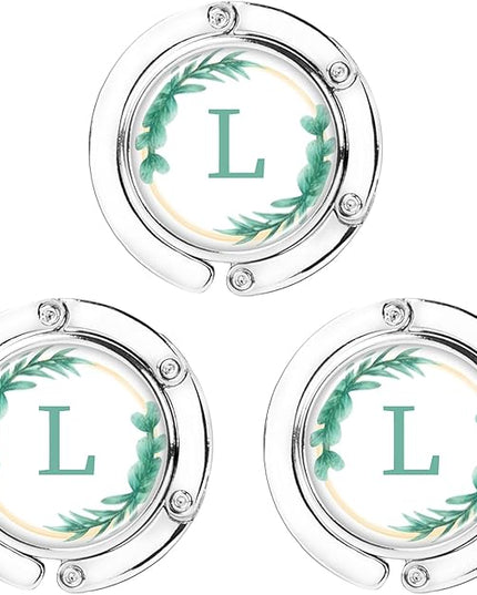 Iqimott 3pcs Personalized Initial Foldable Purse Hook for Table, Flower Letter Folding Handbag Hanger Portable Magnet Table Hook Holder, Collection Desk Purse Hooks for Women Bag (Green-L)