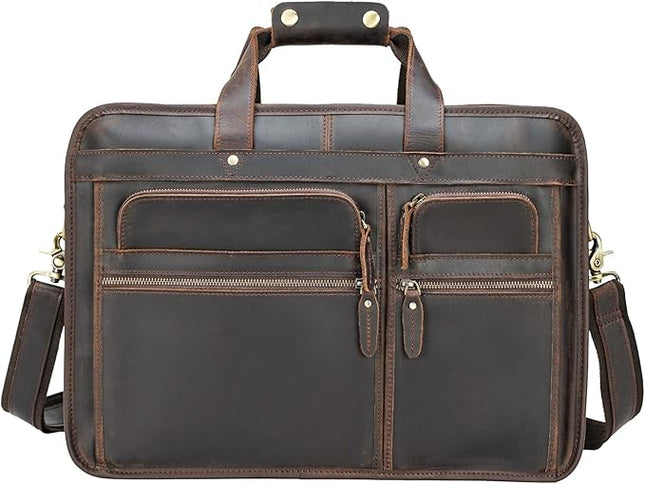 Polare 17'' Full Grain Leather Briefcase Laptop Attache Case Messenger Bag For Men Fits 15.6'' Laptop
