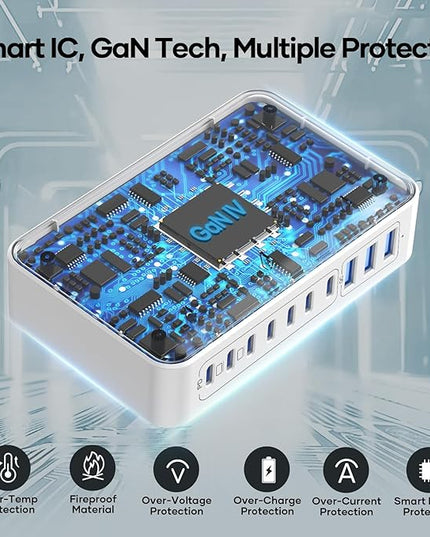 Charging Station for Multiple Devices 500W, 10 Ports Charging Blocks for Laptops/Tablets/Cellphones, 140W Max GaN Charger Super Fast Charging for MacBook, Ipad, iPhone, Power Adapter for Travel