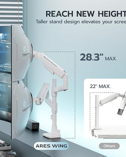 ARES WING Dual Monitor Mount for 17-49 Inch Ultrawide Heavy Duty Curved Screen, Computer Monitor Arm Desk Mount, Gas Spring Adjustable Dual Monitor Stand for Desk, White