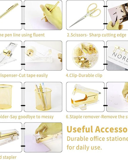 Gold Desk Accessories, Office Supplies Set with Acrylic Stapler, Tape Dispenser, Staple Remover, Pen Holder, Scissor, Binder Paper Clips, 1 Ballpoint Pen, 1 Clear Tape and 1000pcs Staples