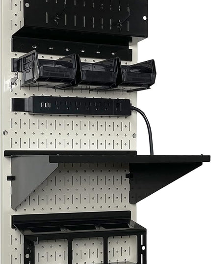 Wall Control Power Tool Storage Organizer Kit Cordless Drill Holder Charging Station Rack 16” x 32” Metal Pegboard Organization System (Beige Pegboard)