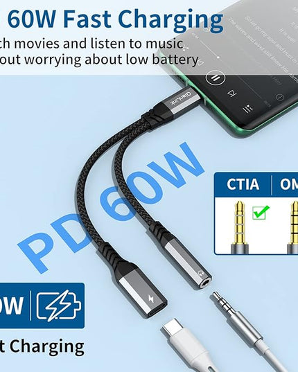 USB C to 3.5mm Headphone and Charger Adapter, 2-in-1 Type C to Aux Jack Cable with PD 60W Fast Charging for iPhone15 16 17 Pro Max, Samsung Galaxy S22 S23 S24 S25 Ultra, Note 20, iPad Air4, Pixel 8 9