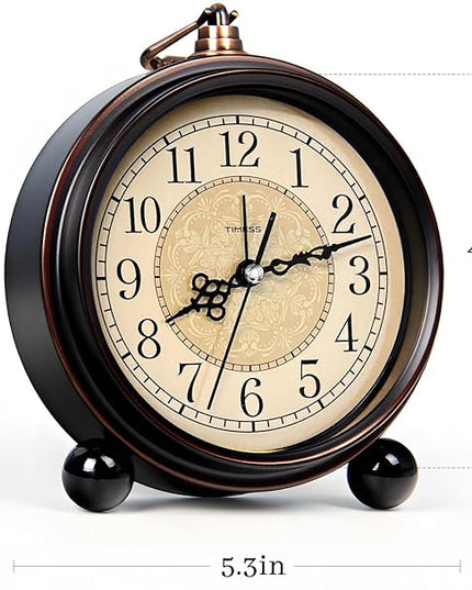 TIMESS Vintage Analog Alarm Clock, 4.3" Silent Non-Ticking Quartz Desk Clock, Battery Operated Table Clock for Bedroom, Living Room, Office, or Gift