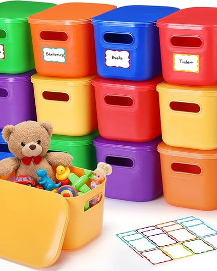 Thyle 18 Pack 7 Quarts Plastic Storage Bins for Christmas Storage with Lids Handles Colorful Stackable Desktop Box Bins with Label for Shelf Drawer,10 x 7 x 6 Inch (Brightly Colored)