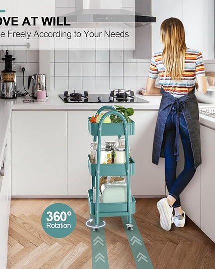 EAGMAK 3 Tier Utility Rolling Cart, Metal Storage Cart with Handle and Lockable Wheels, Multifunctional Storage Organizer Trolley with Mesh Baskets for Kitchen, Living Room, Office, Garage (Green)