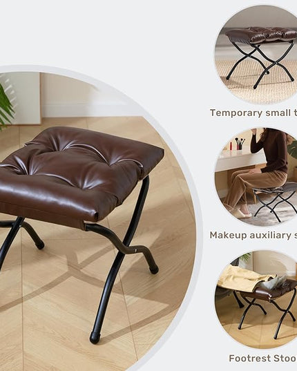 HollyHOME 15" H Folding Footrest Stool,Upholstered Foldable Ottoman with Padded Design. Features Metal Frame for Portability. Ideal for Sofas, Lazy Chairs,Living Room,Bedroom.PU Brown