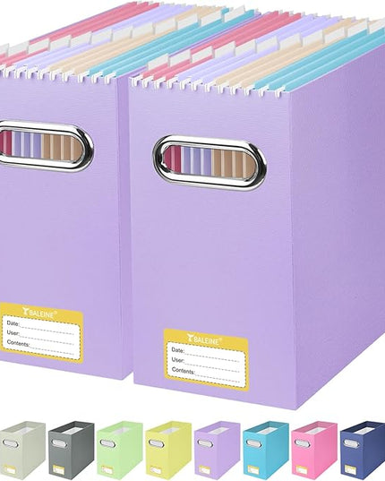 BALEINE File Organizer Box, Cardboard File Folder Organizer with Handle for Letter Size, Portable Collapsible Hanging Filing Box for Home Office Document Storage (2 Pack, Lavender)