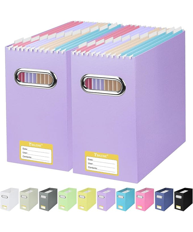 BALEINE File Organizer Box, Cardboard File Folder Organizer with Handle for Letter Size, Portable Collapsible Hanging Filing Box for Home Office Document Storage (2 Pack, Lavender)