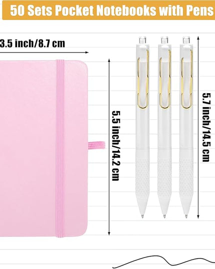 Aodaer 50 Sets Pocket Notebook Journal with Pens, 160 Pages, 3.5 x 5.5 Inch Mini Lined Journal Notebook A6 Leather Hardcover College Ruled Notepad with Pen Holder for School Office Gifts, Pink