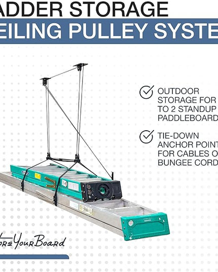 StoreYourBoard Ladder Storage Ceiling Pulley System, Garage Mount Hoist, Heavy Duty Hanging Organizer Holds 150 lbs