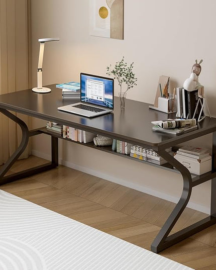 Extra Long Desk with Bookshelf - 55" Double Long Writing Table for 2-Person Workstation, Modern Study Work Computer Desk for Home and Office, Black