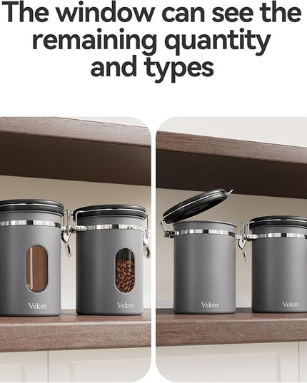 Veken Coffee Canister with Window,Airtight Stainless Steel Kitchen Food Storage Container, Date Tracker & Scoop for Grounds Coffee, Beans, Tea, Flour, Cereal,Sugar,22OZ,Grey
