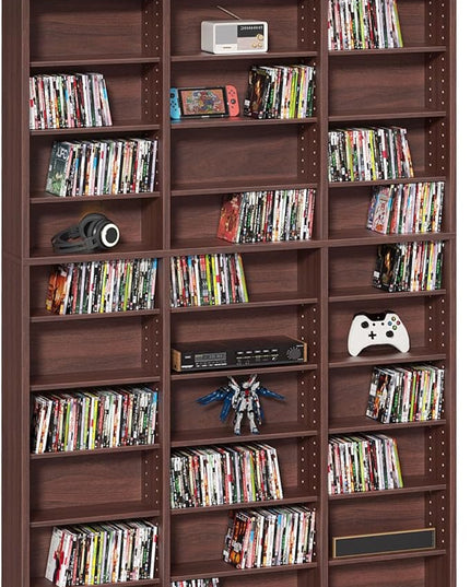 LELELINKY 11 Tier Tall Display Cabinet, Walnut Media Storage Cabinet with Adjustable Shelves, Free Standing DVD Organizer Shelf, Floor multimedia storage manga bookshelf for Living Room & Home Office.