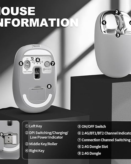 YUNZll C1 Silicone Wireless Mouse, Tri-Mode 2.4G/USB-C/Bluetooth Mouse, 4800 DPl Optical Tracking, 6 Adjustment Levels,Customize Mice for Laptop, Computer, iPad, MacBook (Gray Silver)